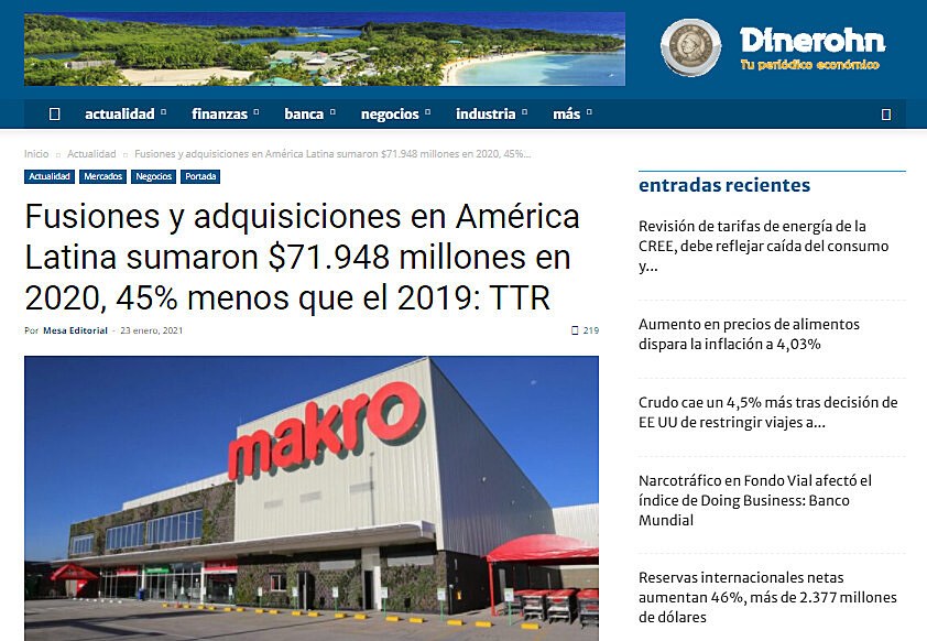 Fusiones y adquisiciones en Amrica Latina sumaron $71.948 millones en 2020, 45% menos que el 2019: TTR